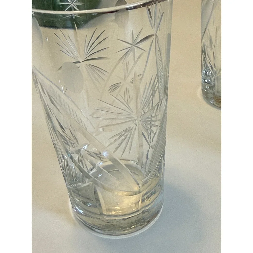 Vintage Cut Glass Highball Tumblers Starburst Wheat Etched‎ Barware Set of 4
